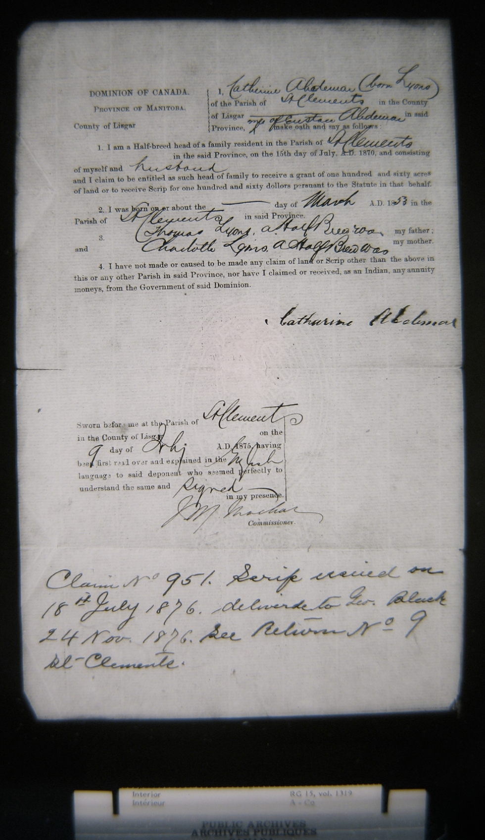 Declaration of Catherine Abdemar, head-of-family (digitized image after enhancement)